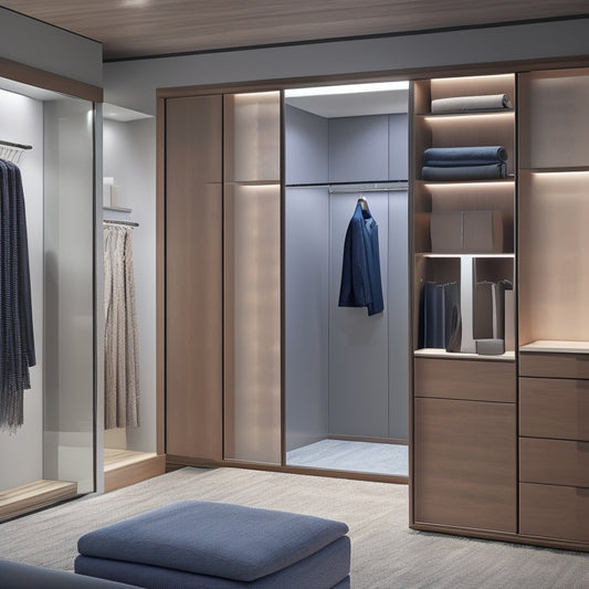 A modern, sleek closet with sliding glass doors, illuminated by soft, warm lighting, featuring a 3D design software screen in the foreground, surrounded by design elements like fabric swatches and wooden samples.