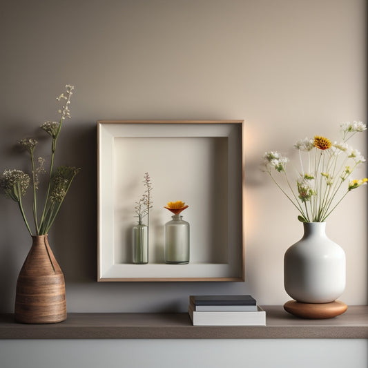 A serene, minimalist room with three floating shelves, each adorned with a few decorative objects: a vase with wildflowers, a few stacked books, and a small framed photograph.