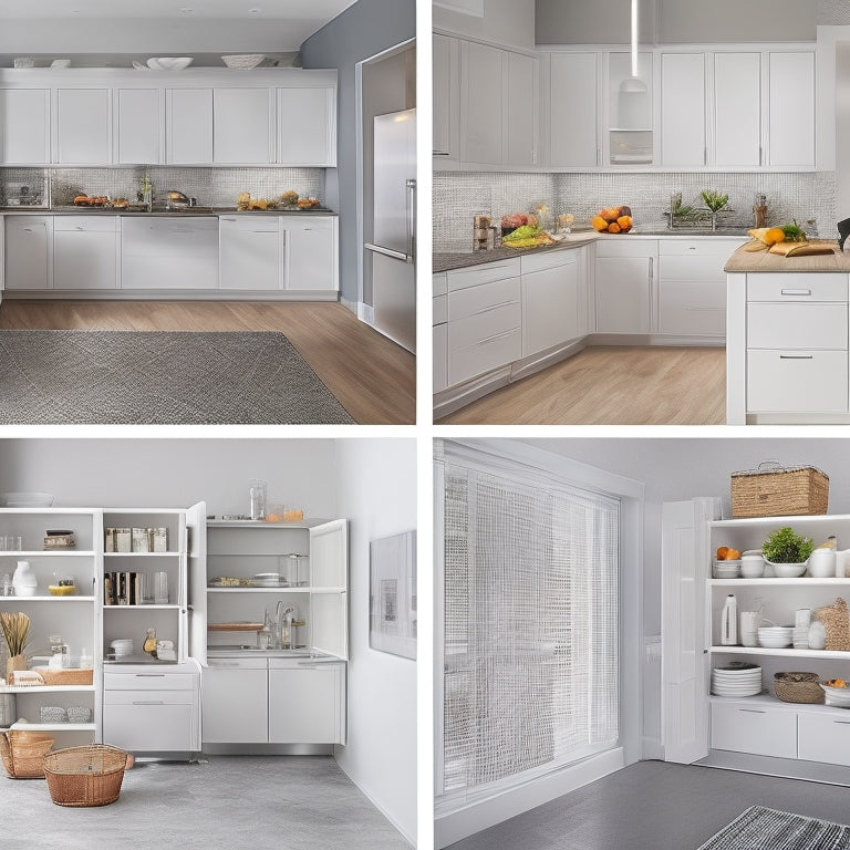 A modern, compact kitchen with sleek, white cabinets, featuring a retractable kitchen island, a wall-mounted fold-down table, and a pull-out pantry with baskets and adjustable shelves.