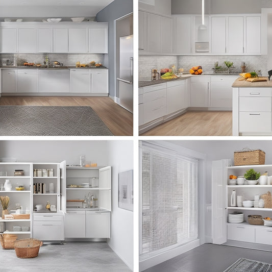 A modern, compact kitchen with sleek, white cabinets, featuring a retractable kitchen island, a wall-mounted fold-down table, and a pull-out pantry with baskets and adjustable shelves.