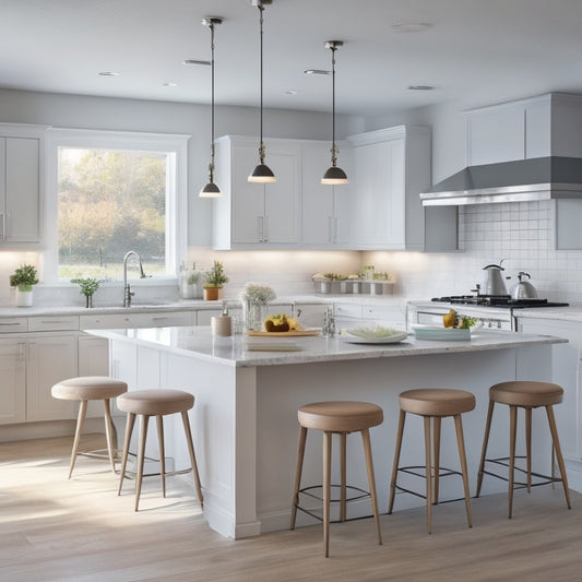 A modern kitchen with sleek, white cabinets and gray countertops, featuring a compact L-shaped layout with a central island, pendant lights, and a small dining area with two stools.