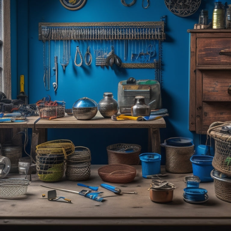 A tidy workbench with neatly coiled jewelry wires of various colors and gauges, stored in small containers, baskets, and pegboards, with a few wire-cutting tools and beads scattered around.