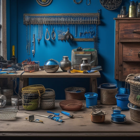 A tidy workbench with neatly coiled jewelry wires of various colors and gauges, stored in small containers, baskets, and pegboards, with a few wire-cutting tools and beads scattered around.