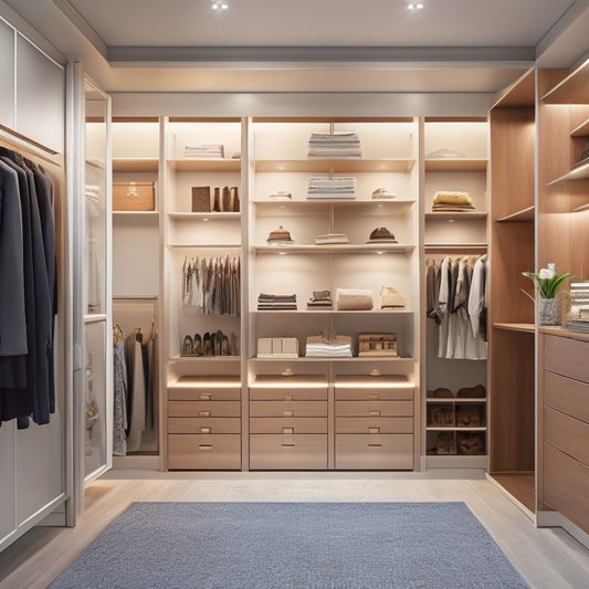 A stylized, modern walk-in closet with sleek, floor-to-ceiling shelves, a central island with drawers, and a mix of hanging rods and shelves, lit by warm, soft LED strips.