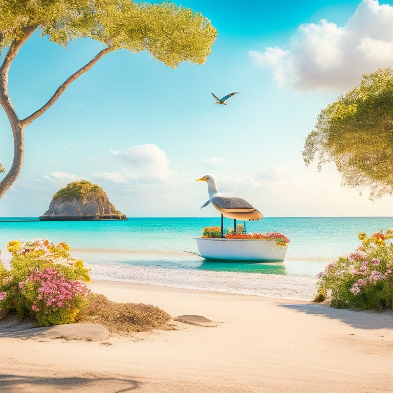 A serene, sun-kissed island on wheels, adorned with lush greenery, vibrant flowers, and a tranquil water feature, set against a warm, sandy beach backdrop with a few seagulls flying overhead.