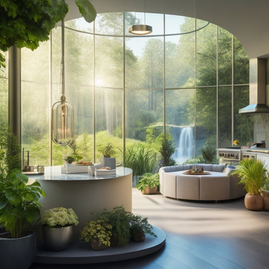 A serene, naturally lit open floor plan space featuring a large, curved island with a waterfall countertop, surrounded by plush greenery, and accompanied by a statement light fixture above.