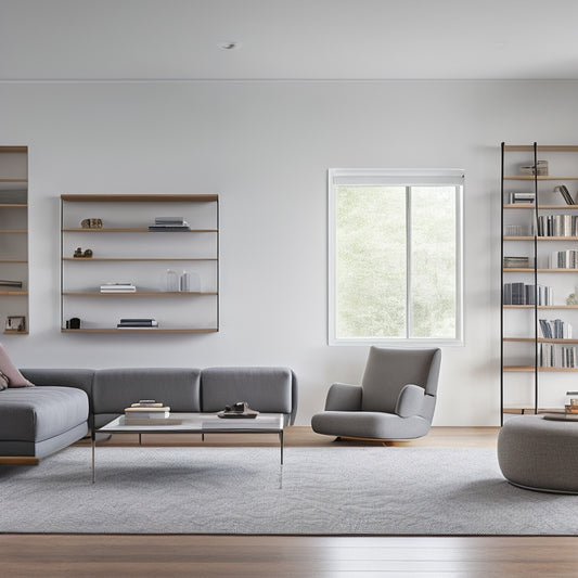 A modern, minimalist living room with a sleek, wall-mounted shelving unit featuring sliding glass doors, a hidden storage ottoman, and a floor-to-ceiling bookcase with retractable ladder.