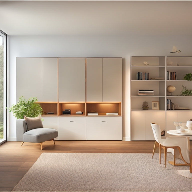 A minimalist, modern living room with a Murphy bed, foldable dining table, and multi-tiered shelving unit, surrounded by subtle lighting and sleek, white walls.