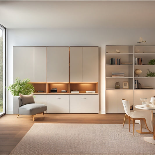 A minimalist, modern living room with a Murphy bed, foldable dining table, and multi-tiered shelving unit, surrounded by subtle lighting and sleek, white walls.