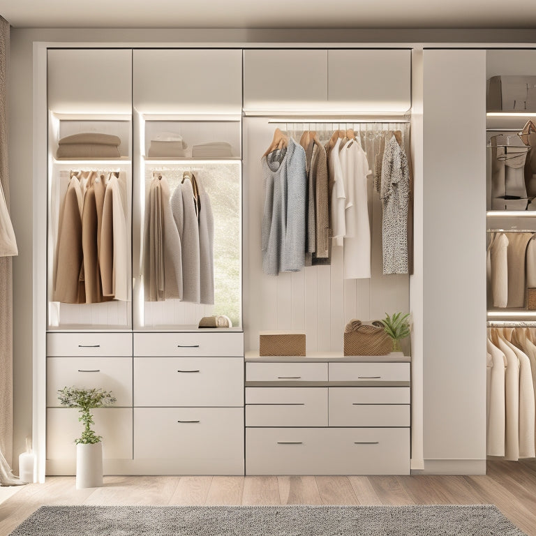 A clutter-free, minimalist closet with a few, carefully curated outfits hung on a slim, modern rack, surrounded by soft, warm lighting and a few, strategically placed inspirational quotes etched into the mirrors.