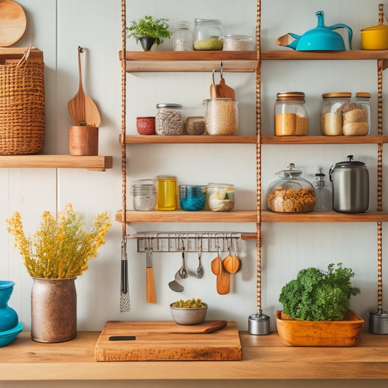 A bright, organized kitchen with open shelves, a pegboard with hanging utensils, a magnetic spice strip, and a repurposed mason jar turned utensil holder on a rustic wooden countertop.