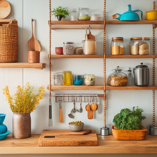 A bright, organized kitchen with open shelves, a pegboard with hanging utensils, a magnetic spice strip, and a repurposed mason jar turned utensil holder on a rustic wooden countertop.