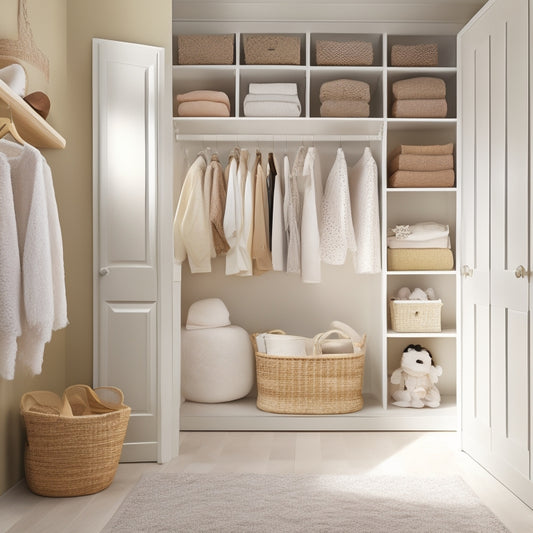 A serene, light-filled nursery closet with soft, creamy walls, featuring a customized shelving system with woven baskets, a double rod for hanging clothes, and a plush area rug.