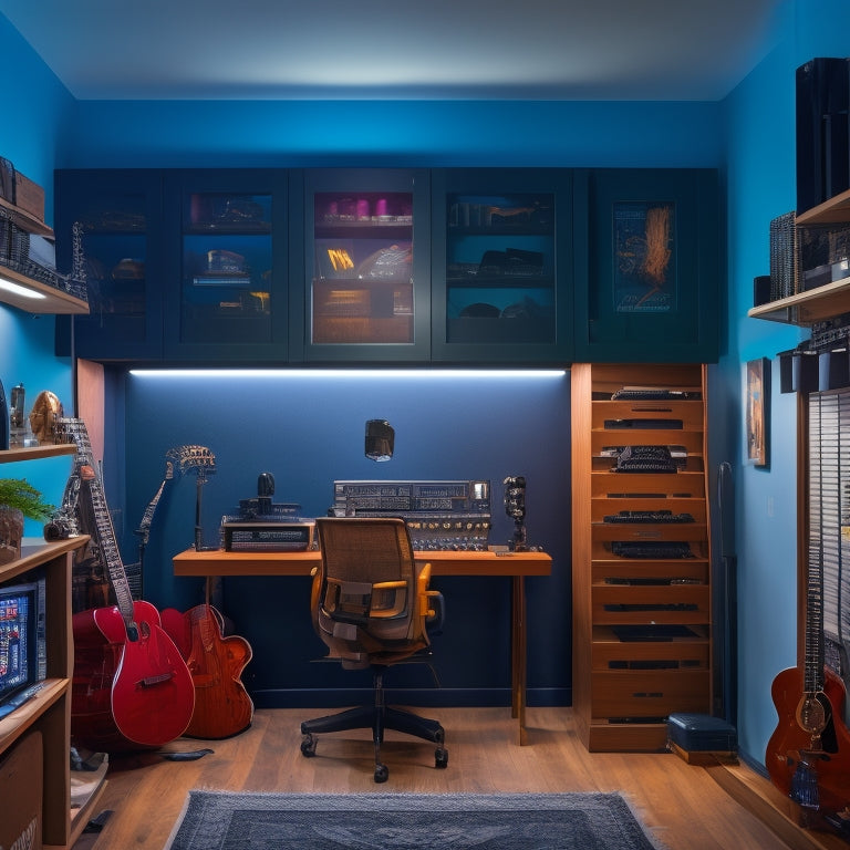 A dimly lit closet transformed into a bright, modern studio space with a sleek workstation, ergonomic chair, and floor-to-ceiling shelving units filled with music equipment and instruments.