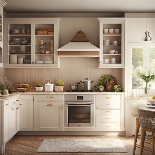 A modern kitchen with cream-colored cabinets, showcasing a pull-out storage unit filled with organized cookware, utensils, and spices, with a soft warm light casting a gentle glow.