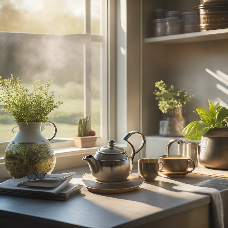 A serene kitchen scene: warm sunlight filters through a window, casting a gentle glow on a tidy countertop, adorned with a few artfully arranged cookbooks, a vase with fresh greenery, and a steaming teapot.