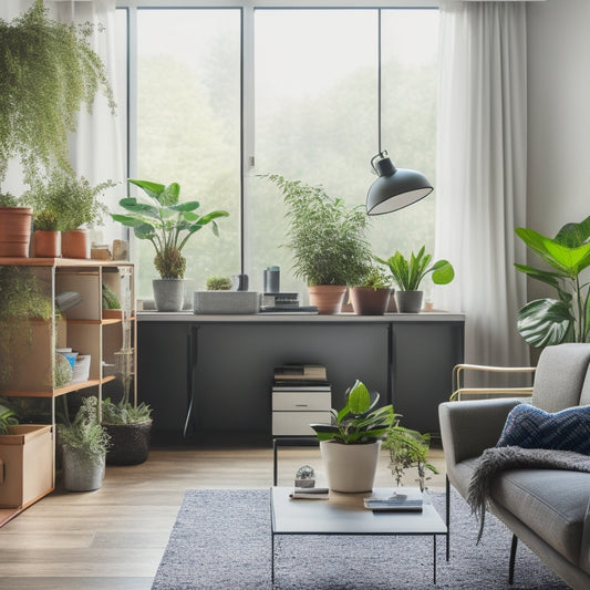 A clutter-free, modern living room with a laptop on a minimalist desk, surrounded by organized storage bins, a few potted plants, and a calm, natural light-filled background.