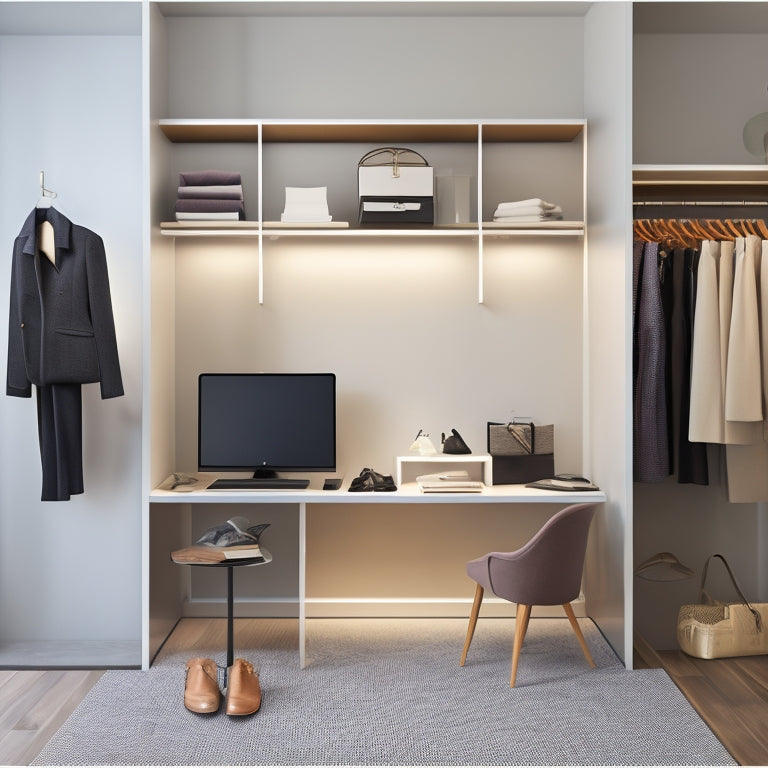 A minimalist, modern closet with a laptop on a sleek desk, surrounded by stylish clothing items and shoes, with a large, blank, digital design screen in the background, displaying a 3D closet layout.