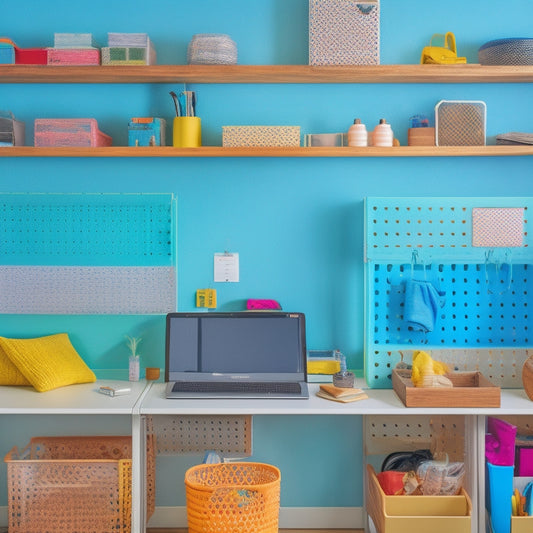 A tidy, minimalist room with a pegboard on the wall, holding baskets, bins, and a few tools, alongside a desk with a colorful, stackable drawer organizer and a few neatly labeled files.