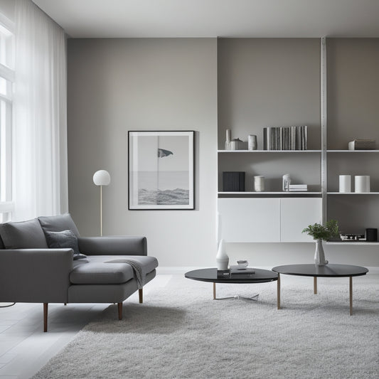 A modern, minimalist living room with a sleek, wall-mounted shelving system, a rotating clothes rack, and a smart storage ottoman, all in a calming, monochromatic color scheme.