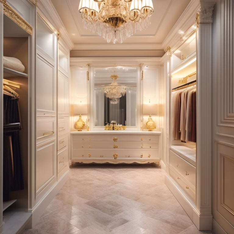 A luxurious, dimly-lit closet with creamy marble floors, soft golden lighting, and sleek white shelves, featuring a stunning chandelier and a comfortable velvet ottoman in the center.