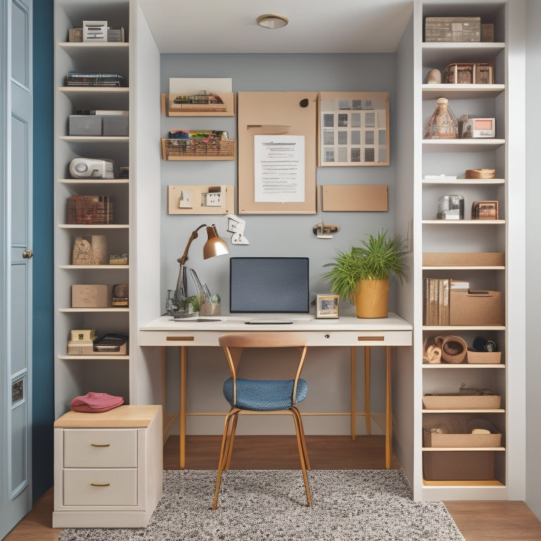 A clutter-free studio closet with a pegboard on the back of the door, a three-tiered shelving unit, and a built-in desk with a sleek, modern chair.