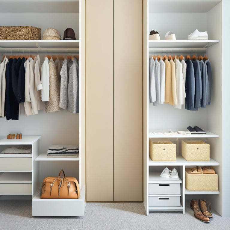 A minimalist, modern closet with sleek white shelves and rods, showcasing a organized and stylized arrangement of clothes, shoes, and accessories, with a subtle grid pattern on the shelves.