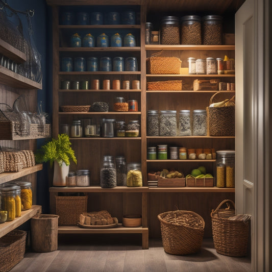 A tidy pantry with open shelves, baskets, and containers in a warm, natural wood tone, filled with an assortment of colorful canned goods, jars, and kitchen utensils, illuminated by soft, warm lighting.