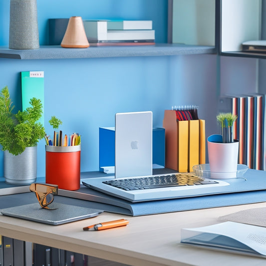 A minimalist, modern desk with a sleek, silver laptop stand, a compact, three-tiered shelf, and a colorful, accordion-style file organizer, surrounded by a few, carefully-placed office supplies.