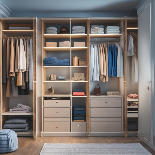 A modern, well-lit closet interior with three DIY shelving units in different styles, each featuring drawers in various sizes and materials, surrounded by neatly organized clothes and accessories.