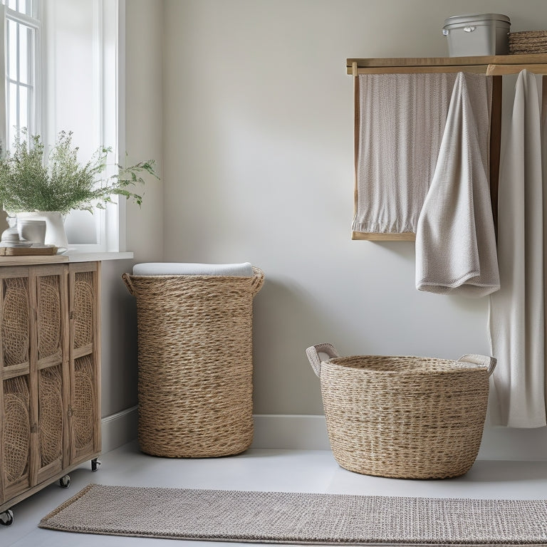 A serene, well-lit laundry room with a row of woven seagrass baskets in varying sizes on a wooden shelf, beside a stylish, minimalist cart with chrome wheels and a natural wood top.