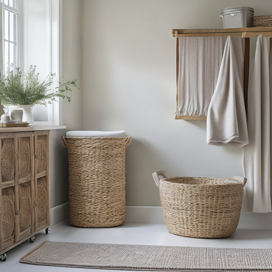 A serene, well-lit laundry room with a row of woven seagrass baskets in varying sizes on a wooden shelf, beside a stylish, minimalist cart with chrome wheels and a natural wood top.