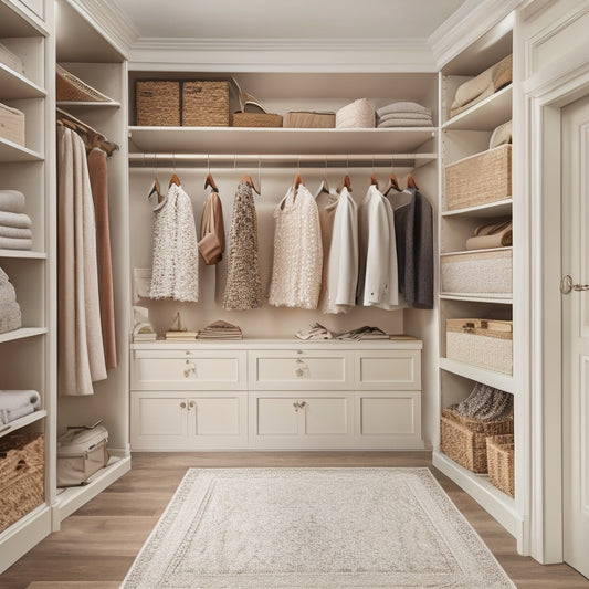 A serene, walk-in closet with cream-colored walls, rich wood shelves, and a plush, beige area rug, featuring a meticulously organized array of clothes, shoes, and accessories in a calm, neutral color palette.