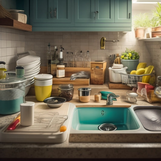 A cluttered kitchen sink area with dirty dishes, soap, and sponges scattered around, contrasted with a tidy and organized under-sink storage space featuring a slide-out drawer and sleek containers.