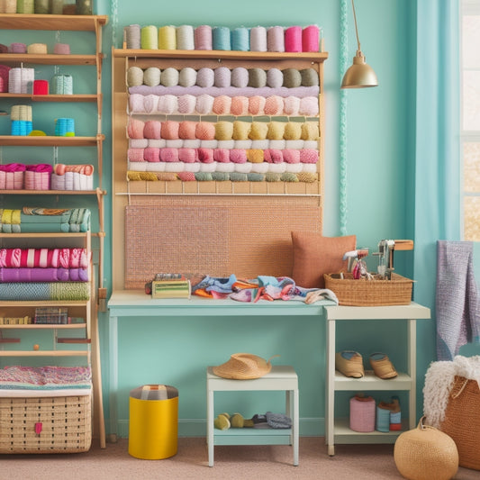 An organized sewing room with a wooden pegboard holding colorful fabric rolls, a woven basket storing folded textiles, and a repurposed ladder displaying hung garments, all set against a calming pastel background.