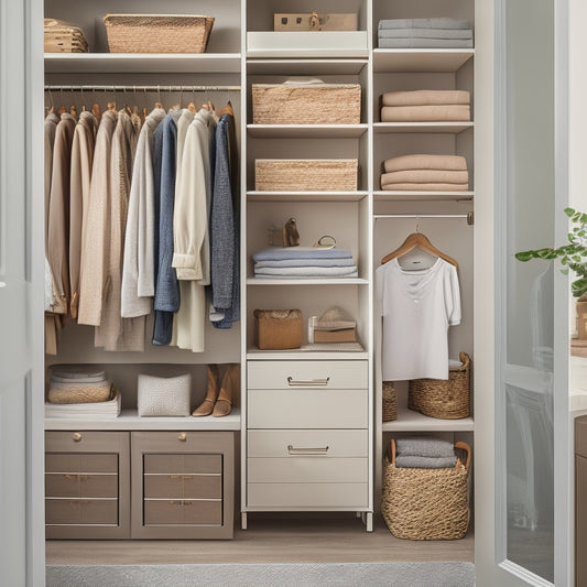 A beautifully organized closet interior with a mix of open shelves, drawers, and hanging rods, featuring a DIY kit's wooden components, baskets, and metallic accents in a calming, neutral color palette.