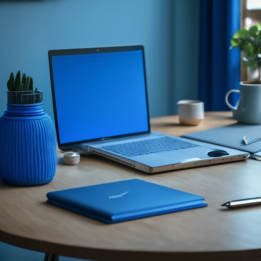 An organized desk with a sleek laptop, a single notebook, and a minimalist pen holder, surrounded by a blurred-out messy background, with a subtle gradient of calming blue tones.