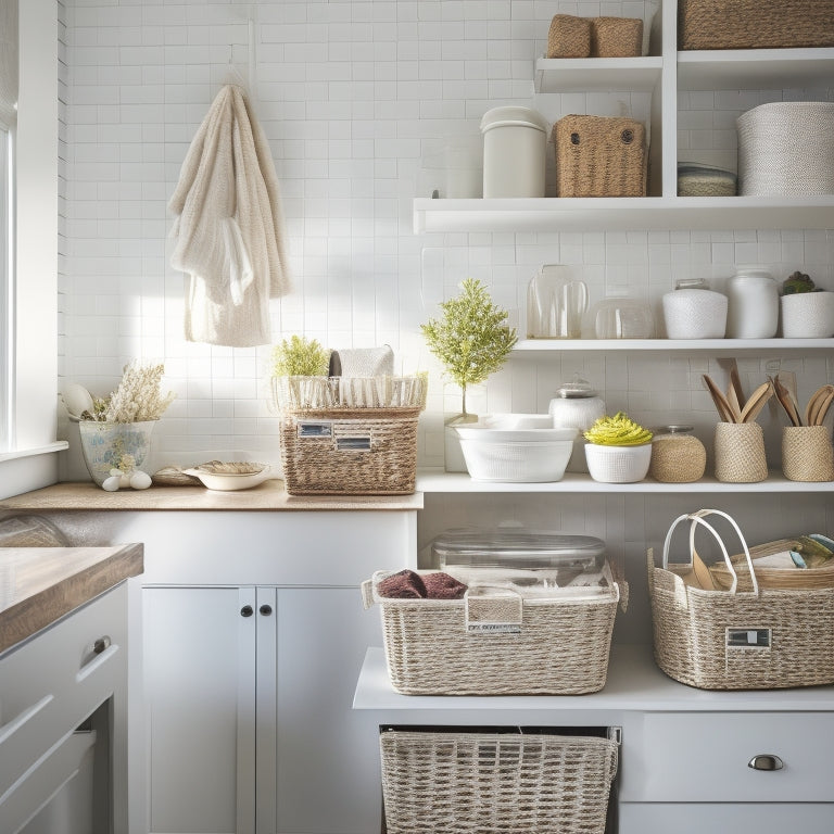 A tidy, white drawer interior with stacked, labeled baskets, a tiered shelf, and a hanging organizer holding utensils, cords, and small items, illuminated by soft, natural light.
