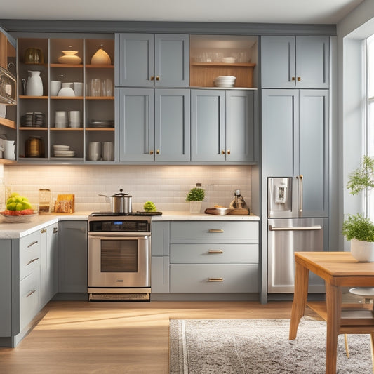 A bright, modern kitchen with sleek, wall-mounted cabinets in a soft gray finish, featuring pull-out storage, adjustable shelves, and a retractable ladder, surrounded by warm, natural light.