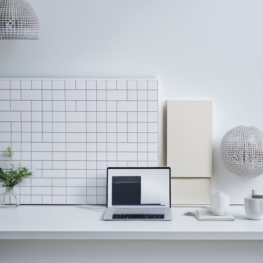 A minimalist desktop background with a sleek laptop, a few neatly arranged folders, and a subtle grid pattern, surrounded by ample white space, conveying a sense of organization and simplicity.