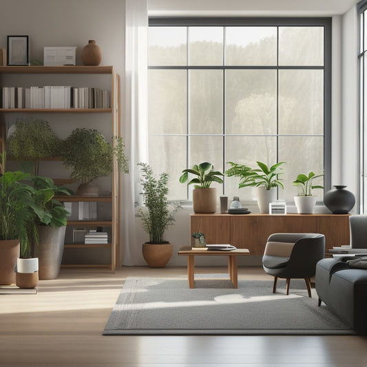 A minimalist, modern living room with a sleek, wooden desk in the center, surrounded by tidy stacks of files and a few, carefully placed, potted plants, illuminated by a large window with soft, natural light.