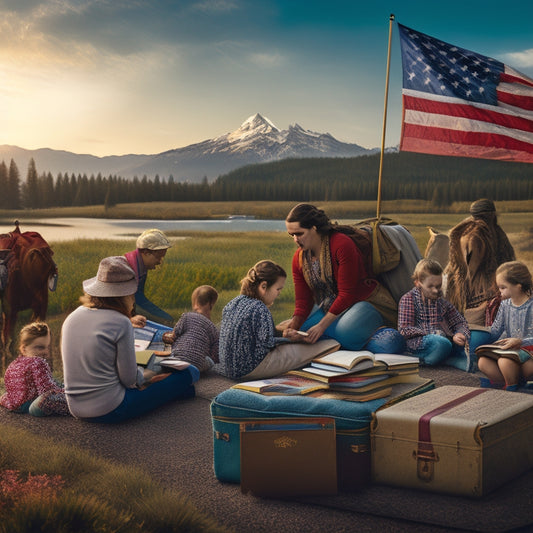 An illustration of a serene Washington state landscape with a homeschooling family in the foreground, surrounded by open books, globes, and laptops, with a subtle American flag in the background.