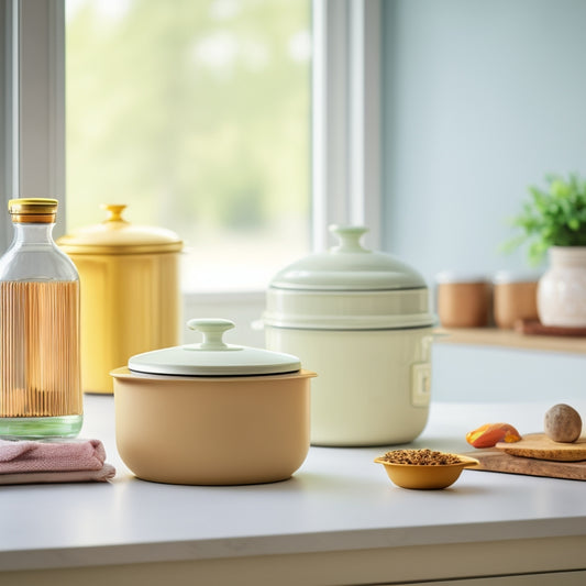 A tidy kitchen counter with three lid racks of varying sizes, each holding a stack of matching lids, against a soft, creamy white background with warm, natural light.