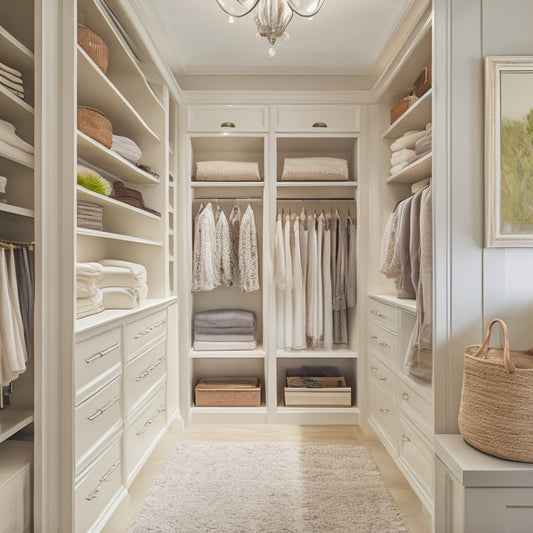 A serene, well-lit master closet with cream-colored walls, dark wood cabinetry, and a plush cream-colored area rug, featuring a mix of open shelving, drawers, and hanging rods.