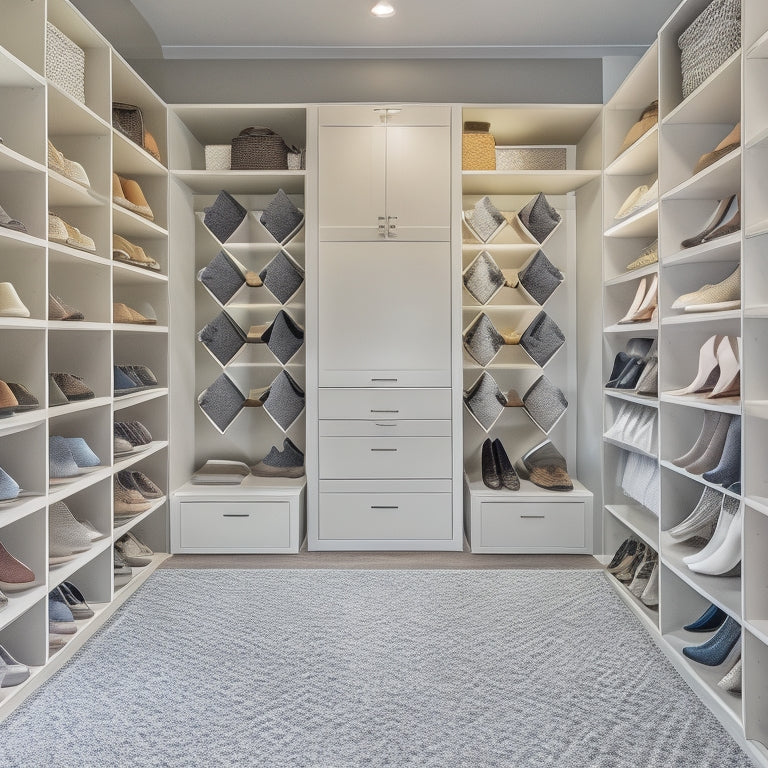 A tidy, walk-in closet with a floor-to-ceiling shoe organizer featuring 12-15 shoe cubbies in a honeycomb pattern, surrounded by sleek, white shelves and a plush, gray area rug.