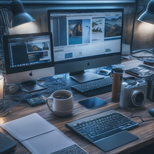 A cluttered computer screen with scattered digital icons, tangled cords, and a cracked smartphone screen, contrasted with a tidy desktop featuring a neatly arranged folder system and a calm, serene background.