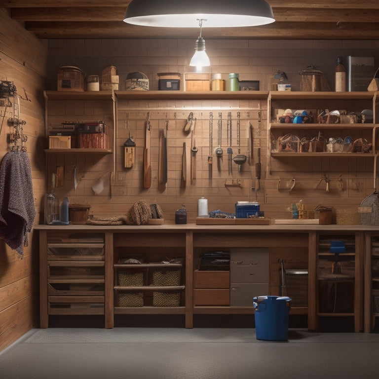 A well-lit garage interior with wooden cabinets, pegboard with hanging tools, and a slatwall with bins and baskets, showcasing a organized and clutter-free tool storage system.