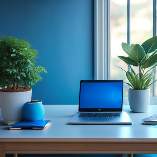 A serene, minimalist desk with a sleek laptop, a small potted plant, and a few organized folders, surrounded by a subtle, blurred background of calming blue hues, conveying digital organization.