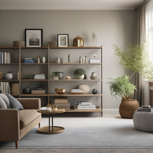 A serene, clutter-free living room with a minimalist coffee table, a few carefully placed decorative vases, and a floor-to-ceiling bookshelf with neatly arranged books and a few framed photos.