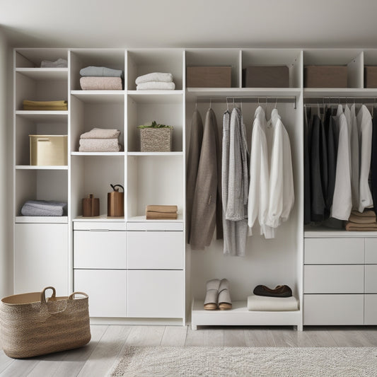A minimalist, modern closet with sleek, white shelves, baskets, and bins, showcasing a mix of folded clothes, hanging garments, and stylish storage solutions, illuminated by soft, natural light.